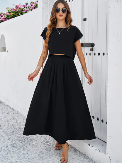 Casual Two Piece Top and Flowy Skirt Set - OutfitLondon