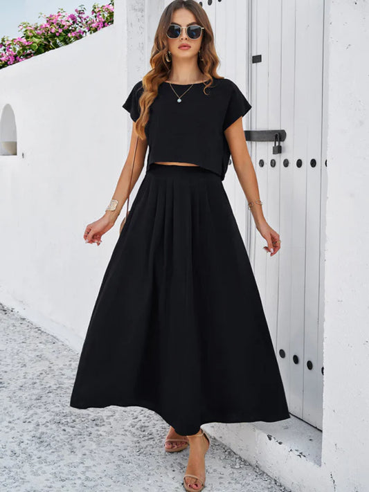Casual Two Piece Top and Flowy Skirt Set - OutfitLondon