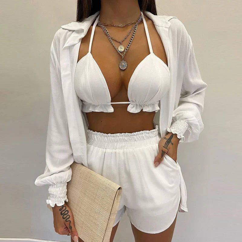 Women's 3 Piece Swimwear Set Top Shorts - OutfitLondon