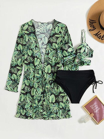 Quindolyn Bikini Set | Tropical Print 3-Piece with Wrap Cover-Up