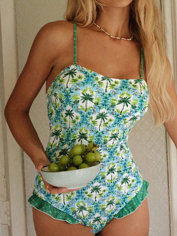 Quinita Swimsuit | Tropical Print One-Piece With Frill Trim