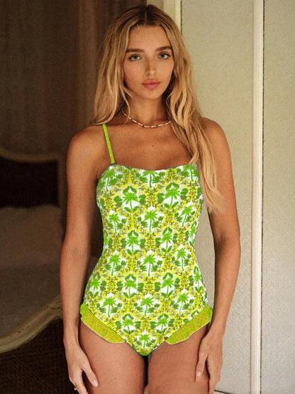 Quinita Swimsuit | Tropical Print One-Piece With Frill Trim