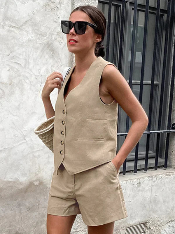 Quiniva Set | V-Neck Button Top and Shorts Set