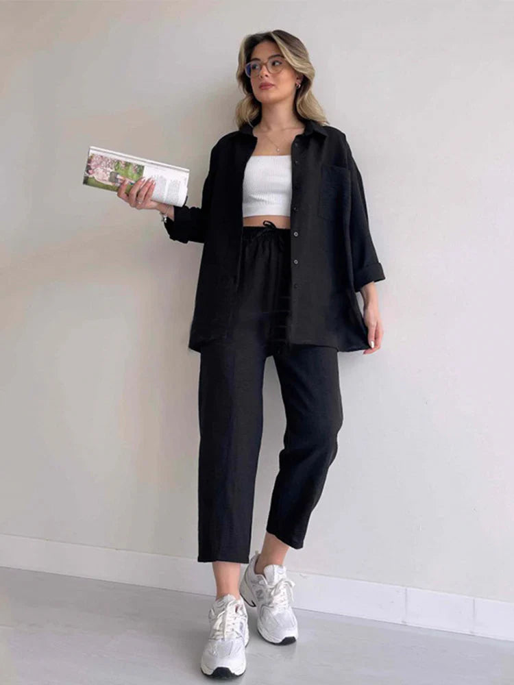 Quintessa Co-Ord Set | Oversized Button-Up Shirt & Wide-Leg Trousers