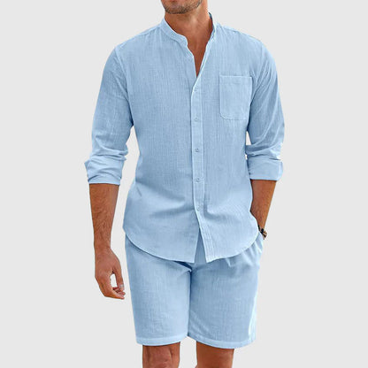 Men's Casual Long Sleeve Shirt Shorts Set - OutfitLondon