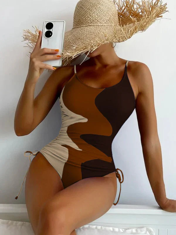 Colorful One Piece Swimsuit with Adjustable Sides - OutfitLondon