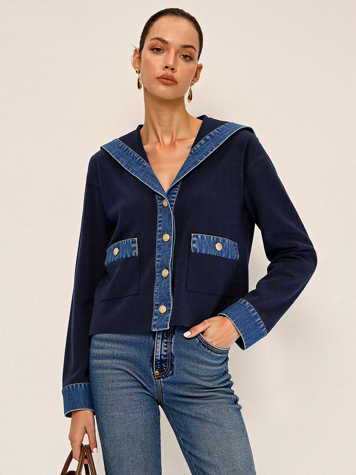 Trendy Women's Denim Jacket Sailor Collar Coat