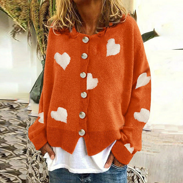 Cozy Women's Knit Cardigan with Cute Heart Design - OutfitLondon