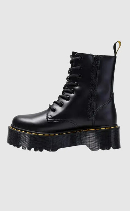 Women's Leather Platform Boots Urban Style Black - OutfitLondon