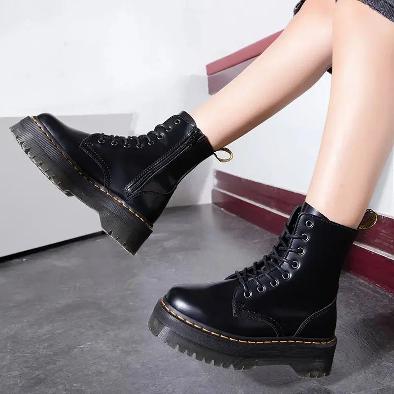 Women's Leather Platform Boots Urban Style Black