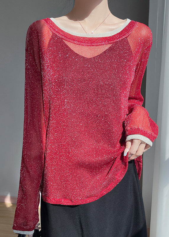 Women's Red Tulle T-Shirt Round Neck Faux Two Piece - OutfitLondon