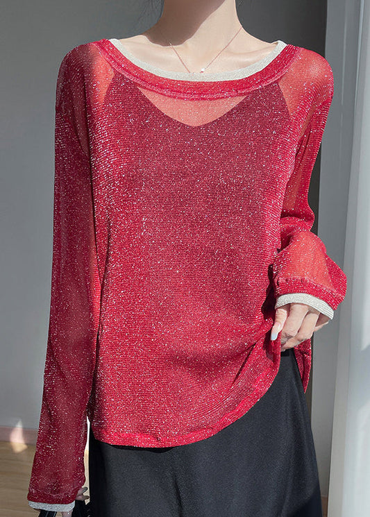 Women's Red Tulle T-Shirt Round Neck Faux Two Piece - OutfitLondon