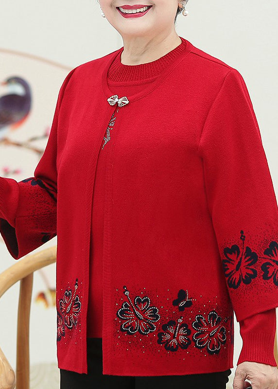 Women's Red Knit Cotton Two-Piece Set Zircon Accents - OutfitLondon
