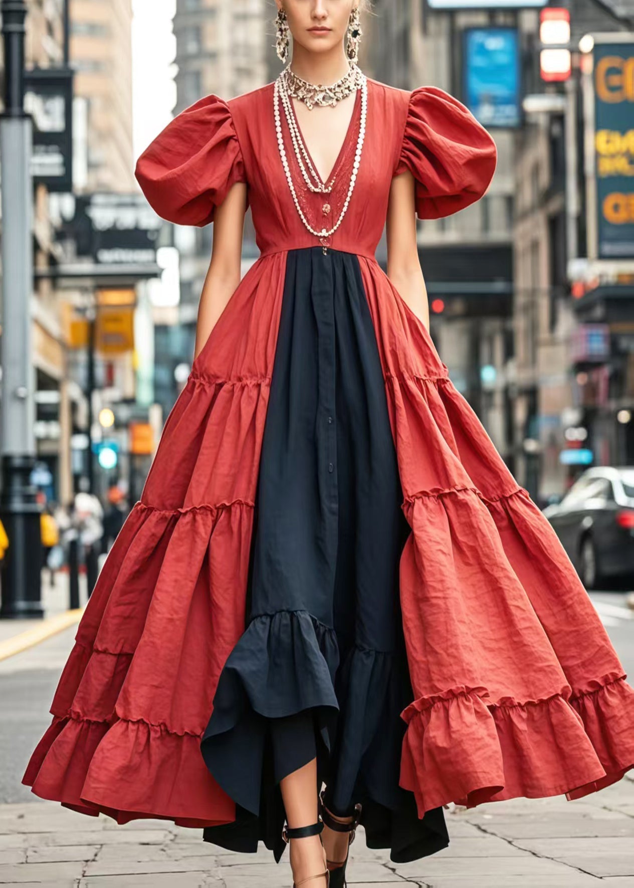 Women's Cotton Patchwork Evening Dress Red Puff Sleeves - OutfitLondon