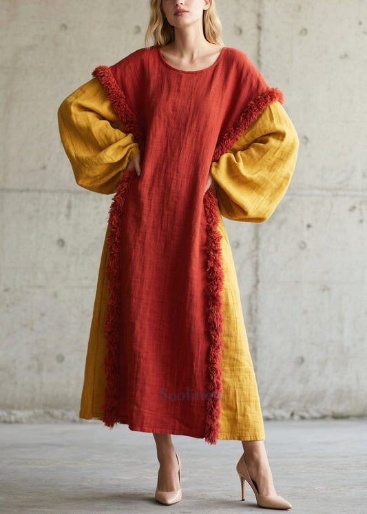 Women's Cotton Maxi Dress Red Faux Fur Trim - OutfitLondon