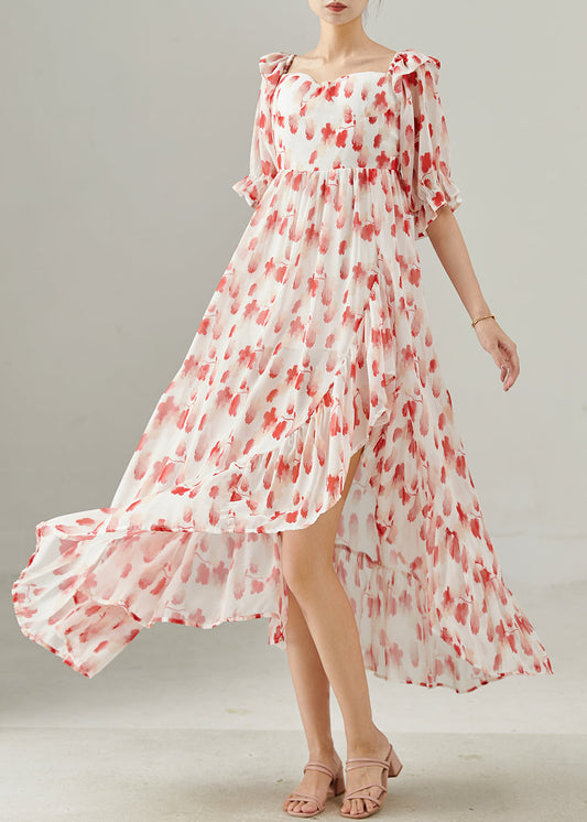 Women's Silk Maxi Dress Red Print Square Neck - OutfitLondon