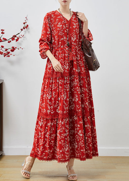 Women's Red Cotton Maxi Dress Breathable Comfort - OutfitLondon