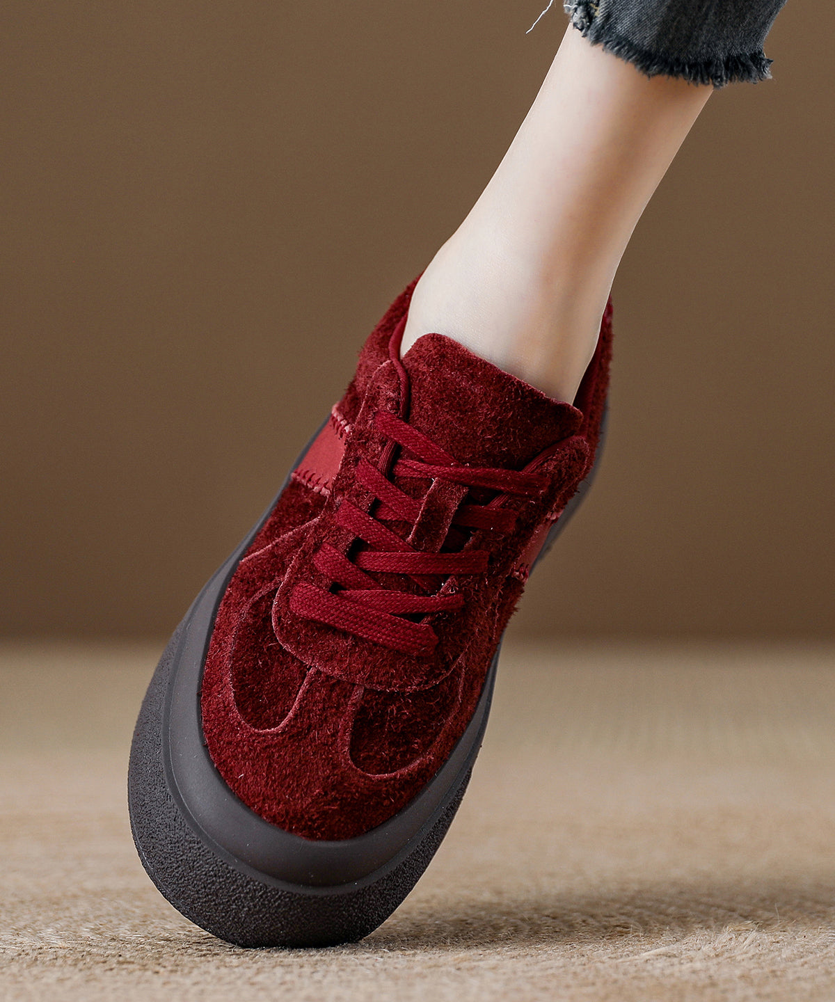 Women's Red Suede Flats Comfortable Lace Up - OutfitLondon