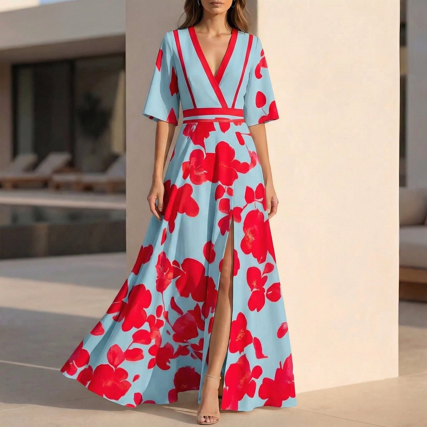 Beautiful Floral V-Neck Maxi Summer Dress