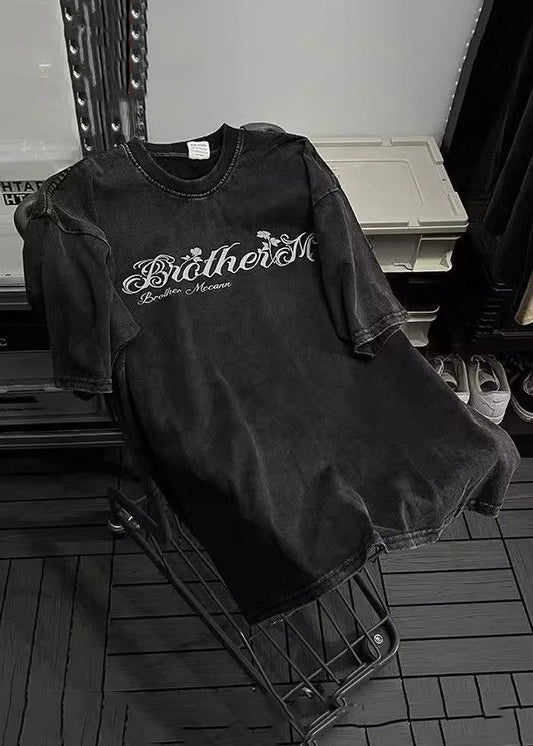 Men's Retro Graphic Cotton T Shirt Black Oversized Crew Neck - OutfitLondon
