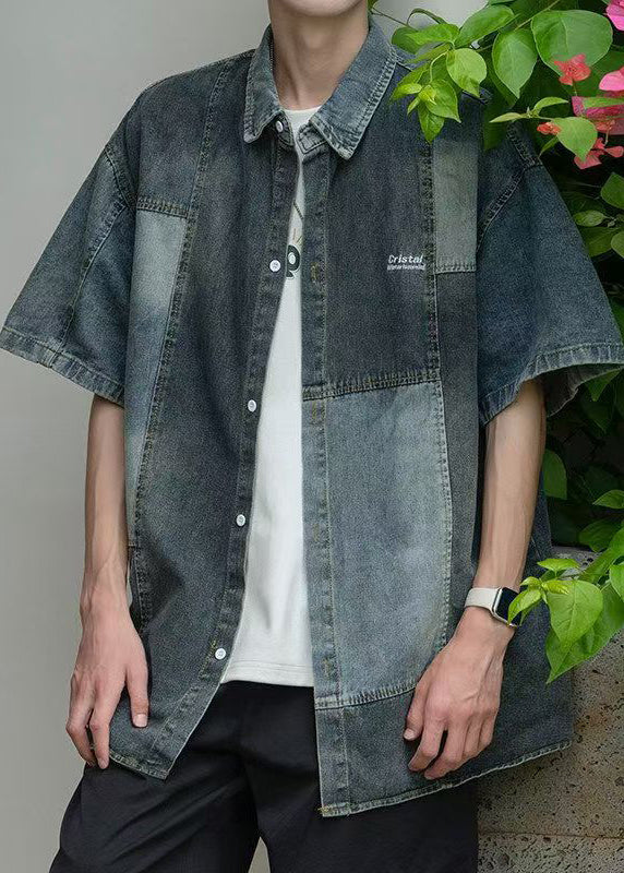 Men's Denim Shirt Short Sleeves Peter Pan Collar Blue - OutfitLondon