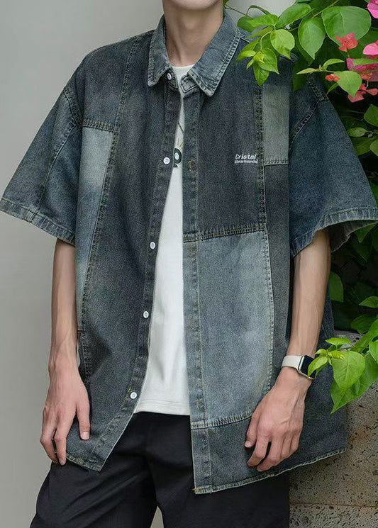 Men's Denim Shirt Short Sleeves Peter Pan Collar Blue - OutfitLondon