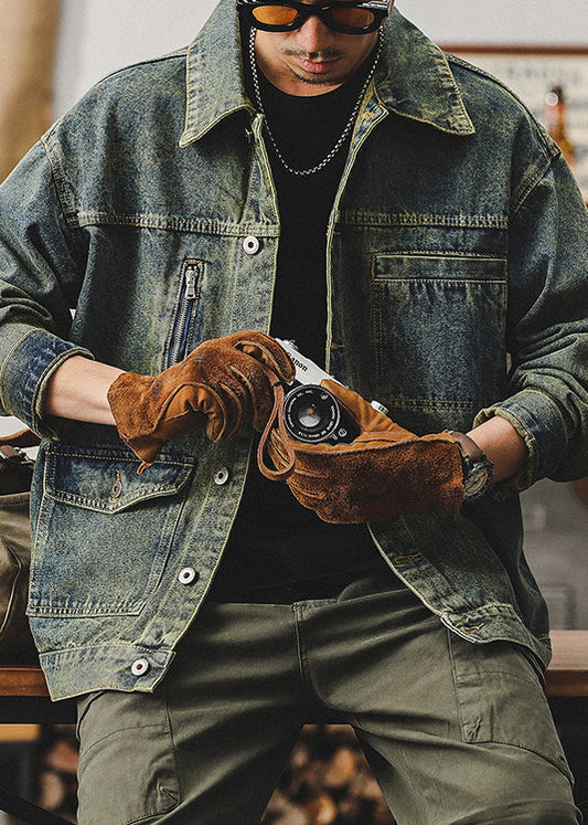 Mens Oversized Denim Jacket Retro Blue With Pockets - OutfitLondon