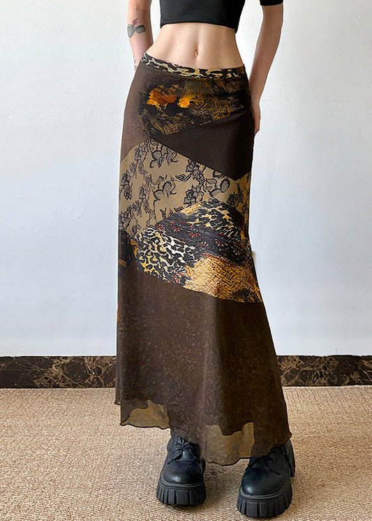 Women's High Waisted Tulle Skirt Brown Print Flowy - OutfitLondon