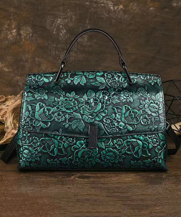 Green Embossed Leather Messenger Bag Zipper Closure Vintage Style - OutfitLondon