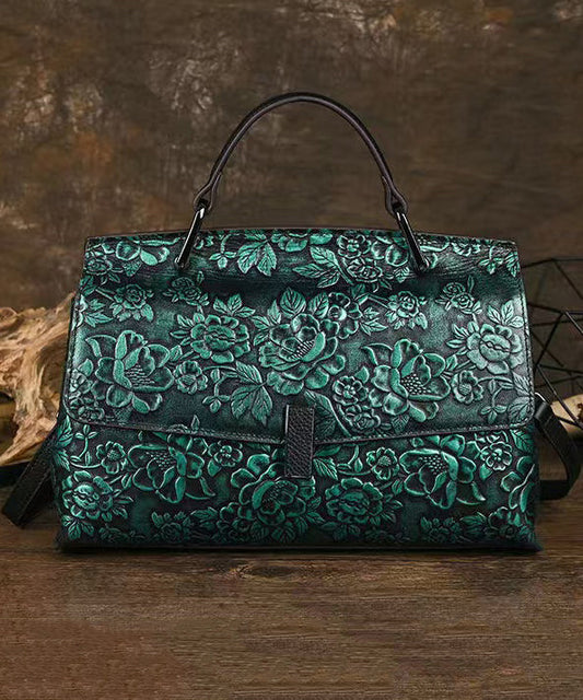 Green Embossed Leather Messenger Bag Zipper Closure Vintage Style - OutfitLondon