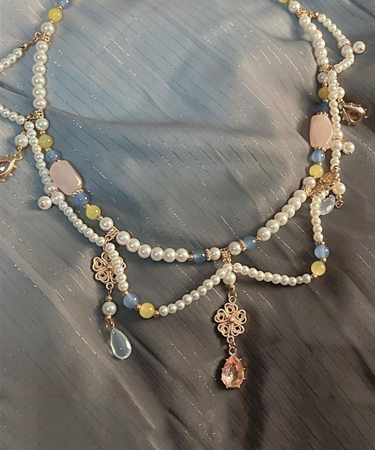 Women's Crystal Glass Drop Necklace Rainbow Pearl Vintage 52cm - OutfitLondon