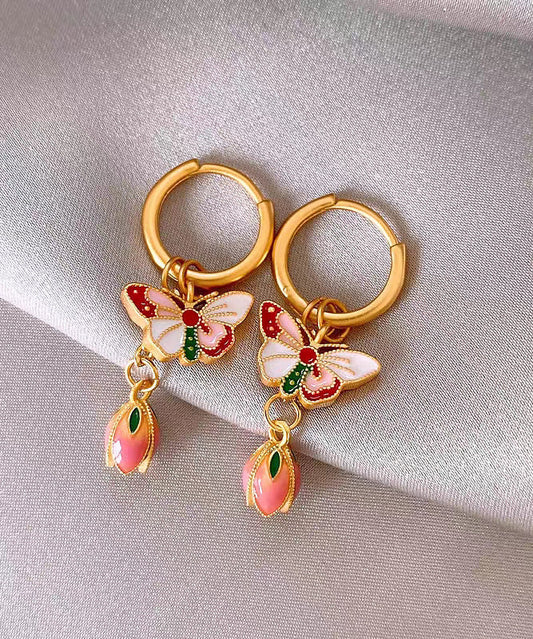 Women's Copper Enamel Butterfly Stud Earrings Floral Rainbow - OutfitLondon