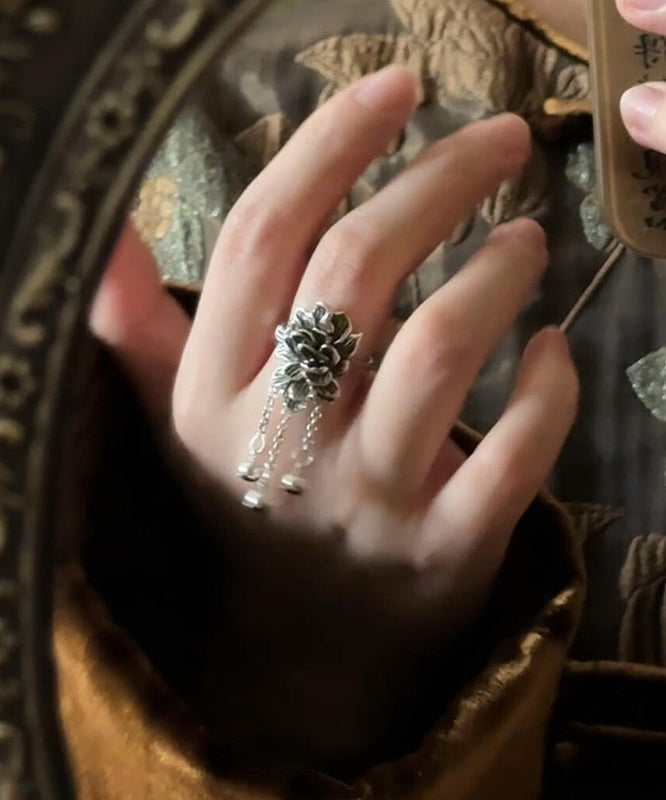 Sterling Silver Peony Ring Vintage Inspired With Silk Tassel - OutfitLondon