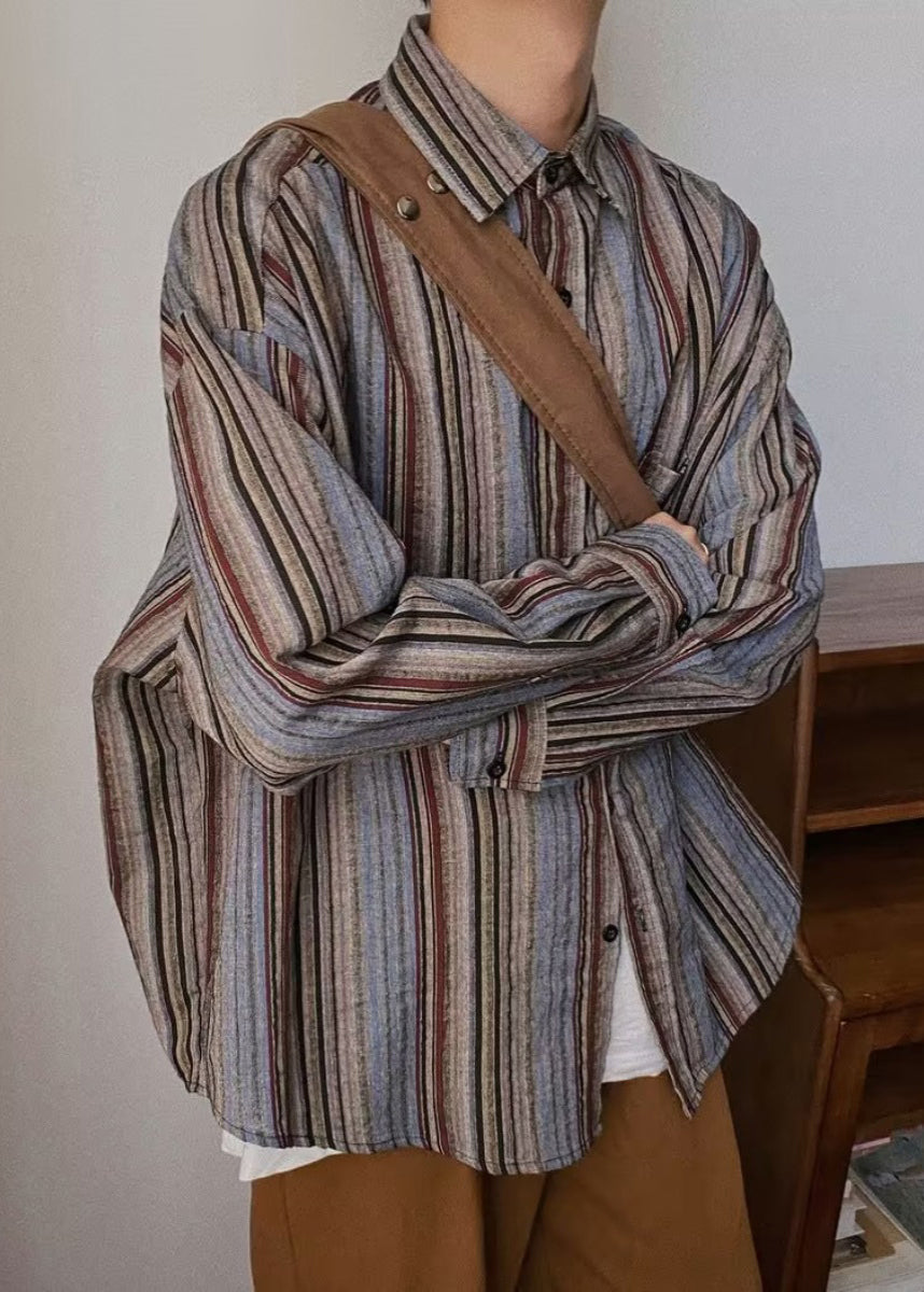 Mens Oversized Cotton Shirt Retro Stripe Long Sleeve - OutfitLondon