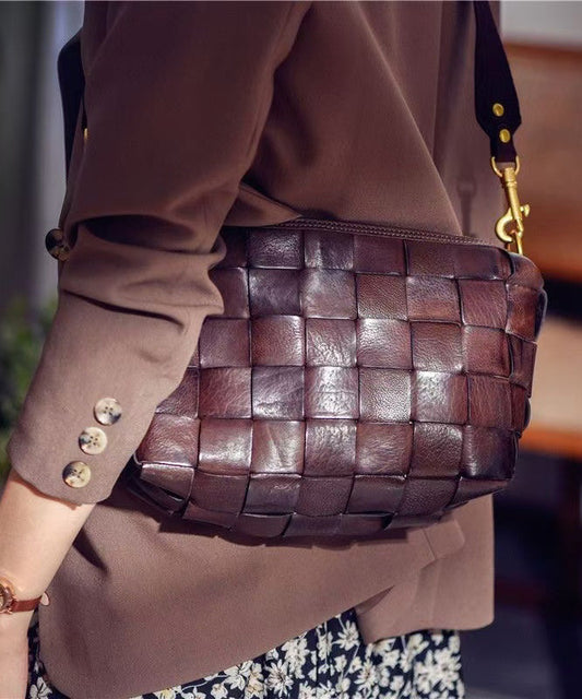 Women's Leather Shoulder Bag Woven Zipper Brown - OutfitLondon