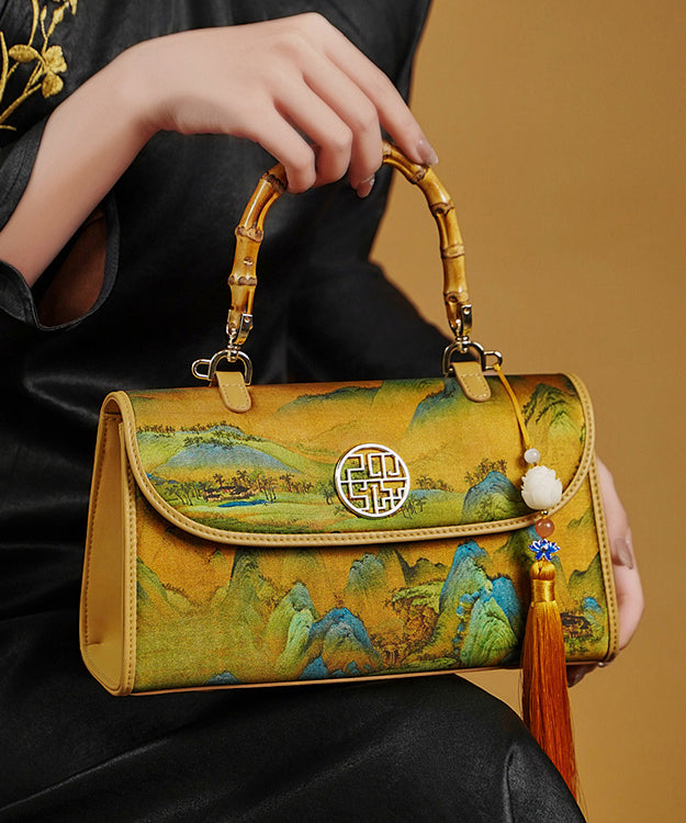 Women's Silk Tote Bag Retro Yellow Print - OutfitLondon