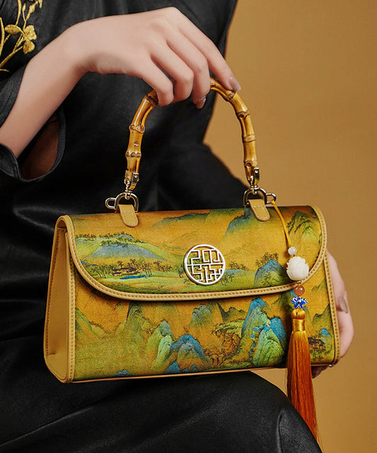 Women's Silk Tote Bag Retro Yellow Print - OutfitLondon