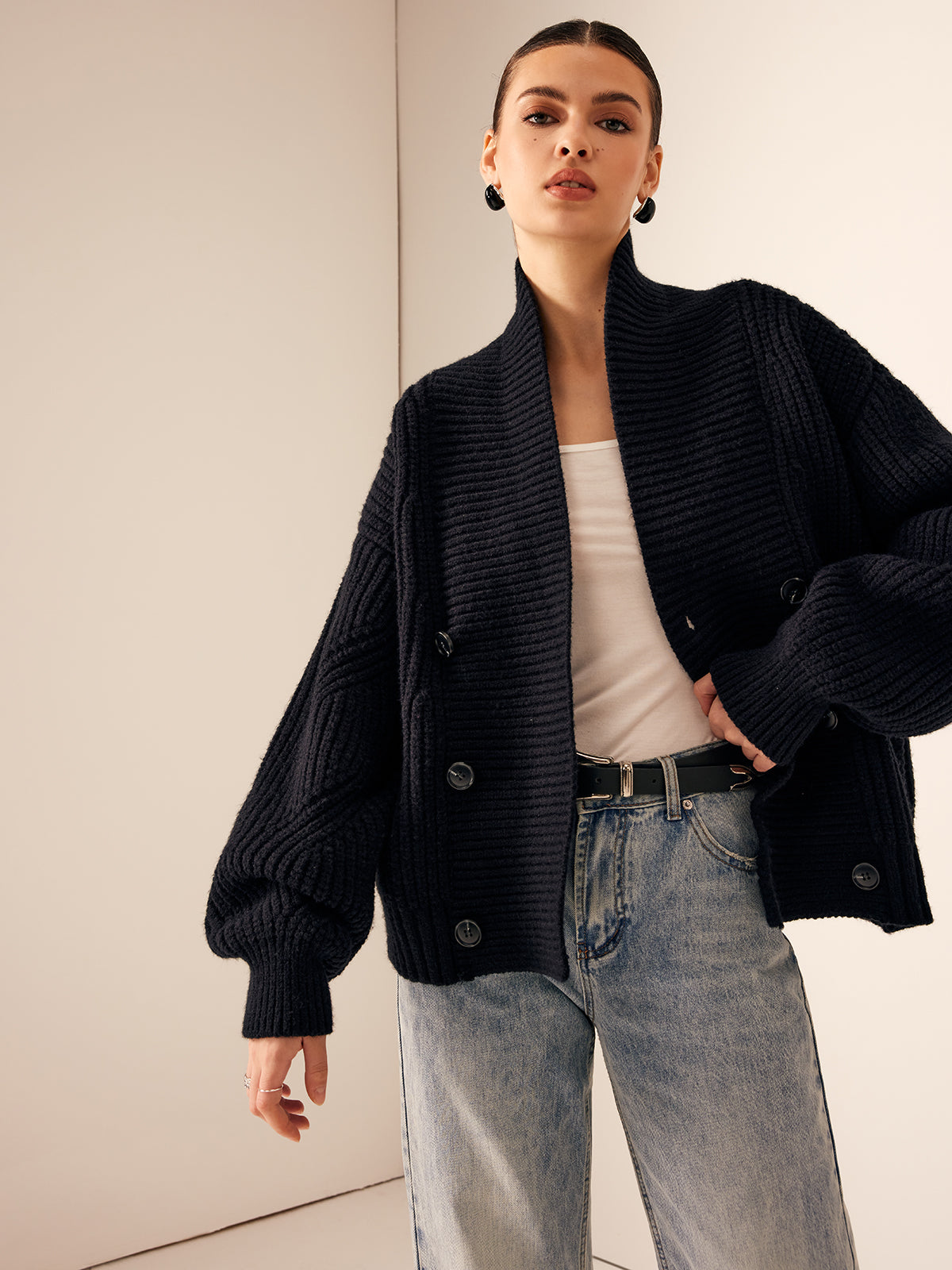 Textured Crew Neck Knit Jacket