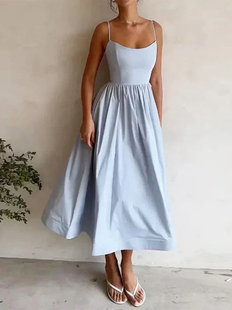 Women's Pastel Pink Midi Dress Spaghetti Straps
