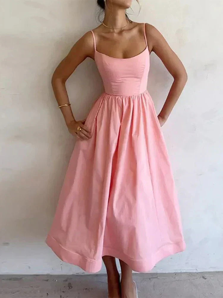 Women's Pastel Pink Midi Dress Spaghetti Straps - OutfitLondon