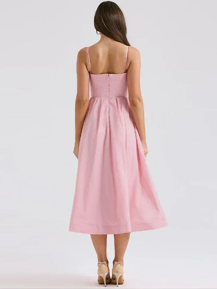Women's Pastel Pink Midi Dress Spaghetti Straps
