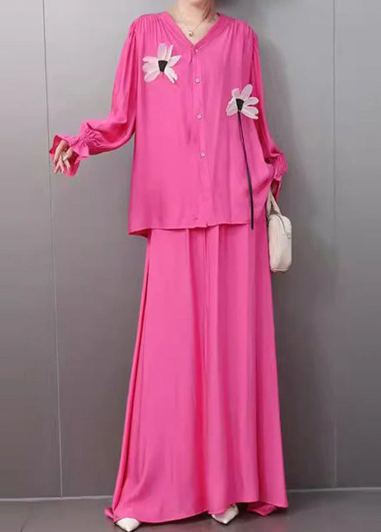 Women's 2 Piece Floral Blouse And Skirt Set Pink - OutfitLondon