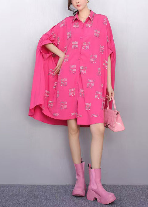 Women's Pink Silk Chiffon Shirt Dress Oversized Batwing Sleeves Plus - OutfitLondon