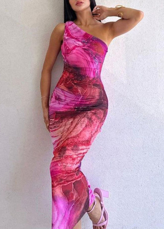 Women's One Shoulder Maxi Dress Cotton Rose Print Breathable - OutfitLondon