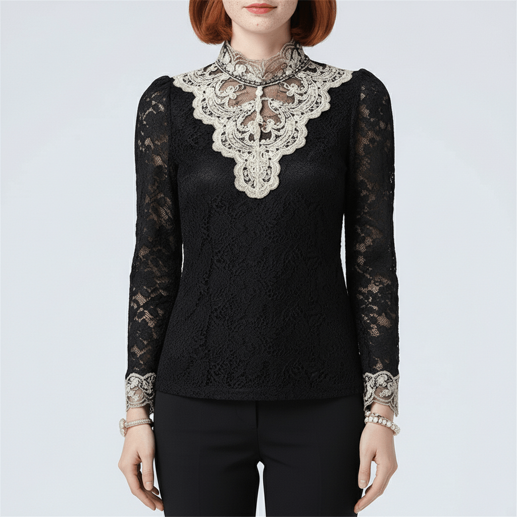 Chic Embroidered Lace High Neck Top - OutfitLondon