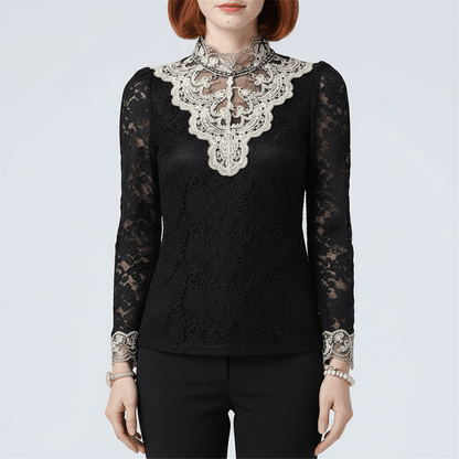 Chic Embroidered Lace High Neck Top - OutfitLondon
