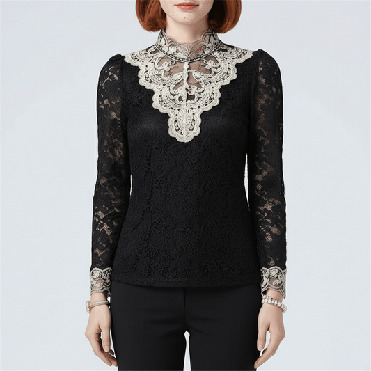 Chic Embroidered Lace High Neck Top - OutfitLondon