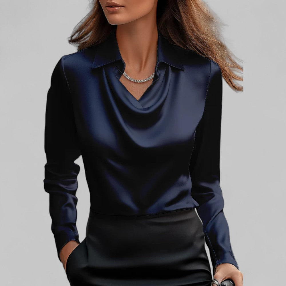 Women's Long Sleeve Satin Blouse Draped Neck
