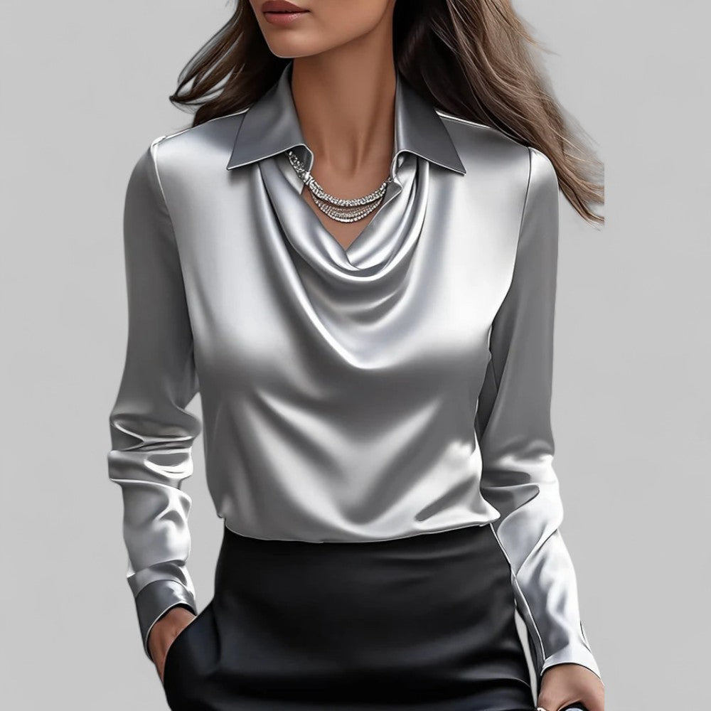 Women's Long Sleeve Satin Blouse Draped Neck