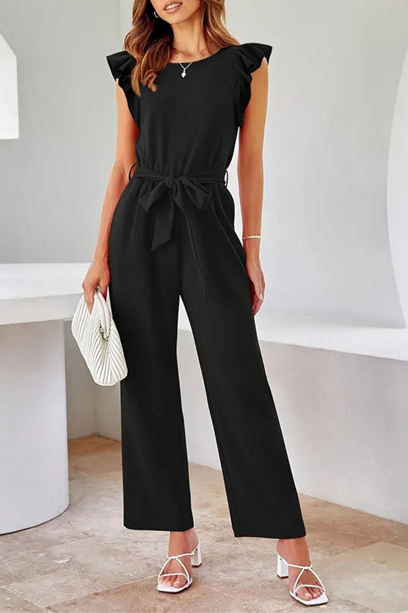 Elegant Women's Black Jumpsuit with Belted Waist
